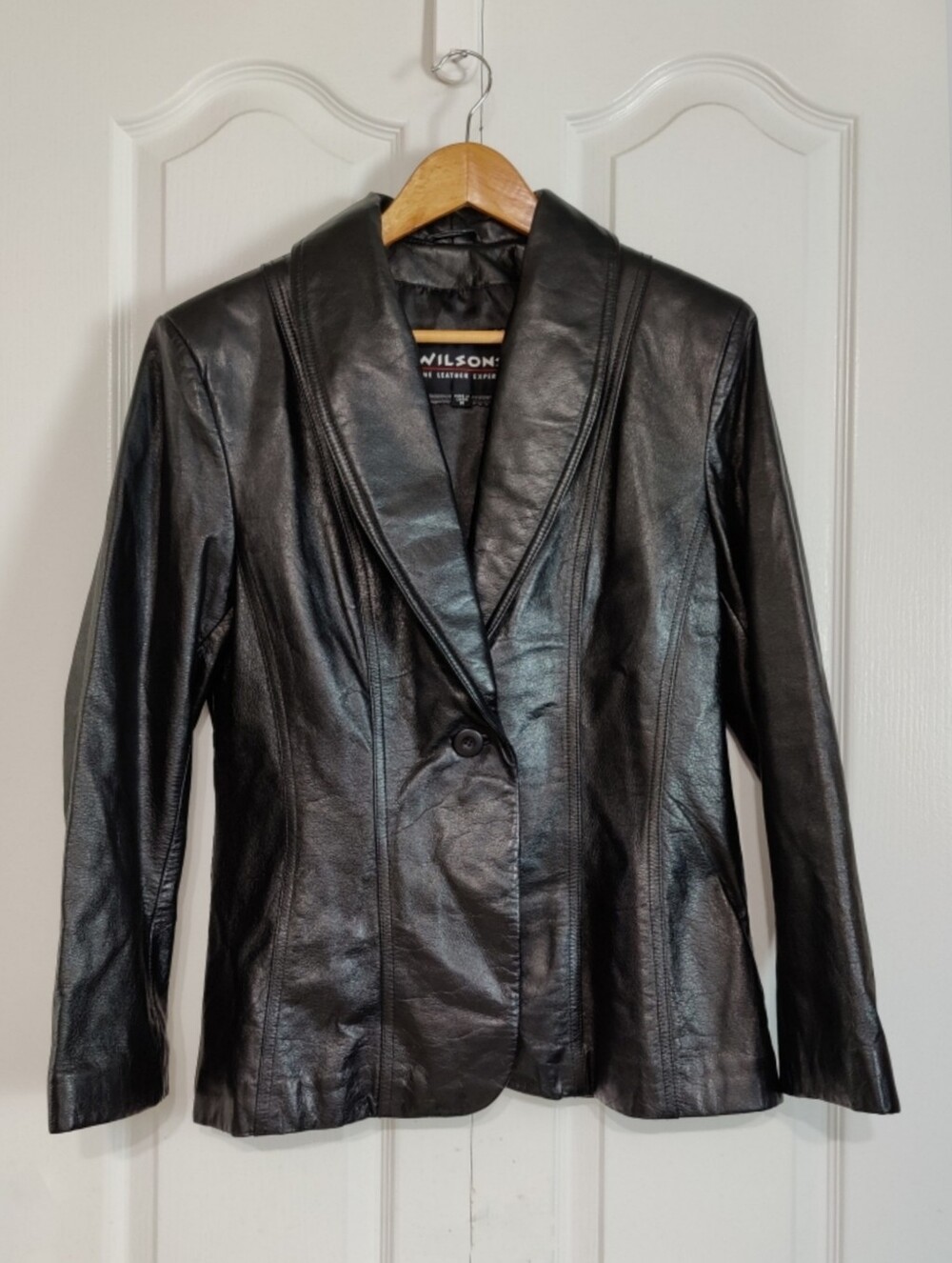 True Vintage Y2K Women's Medium Black Leather Tailored Jacket Wilsons